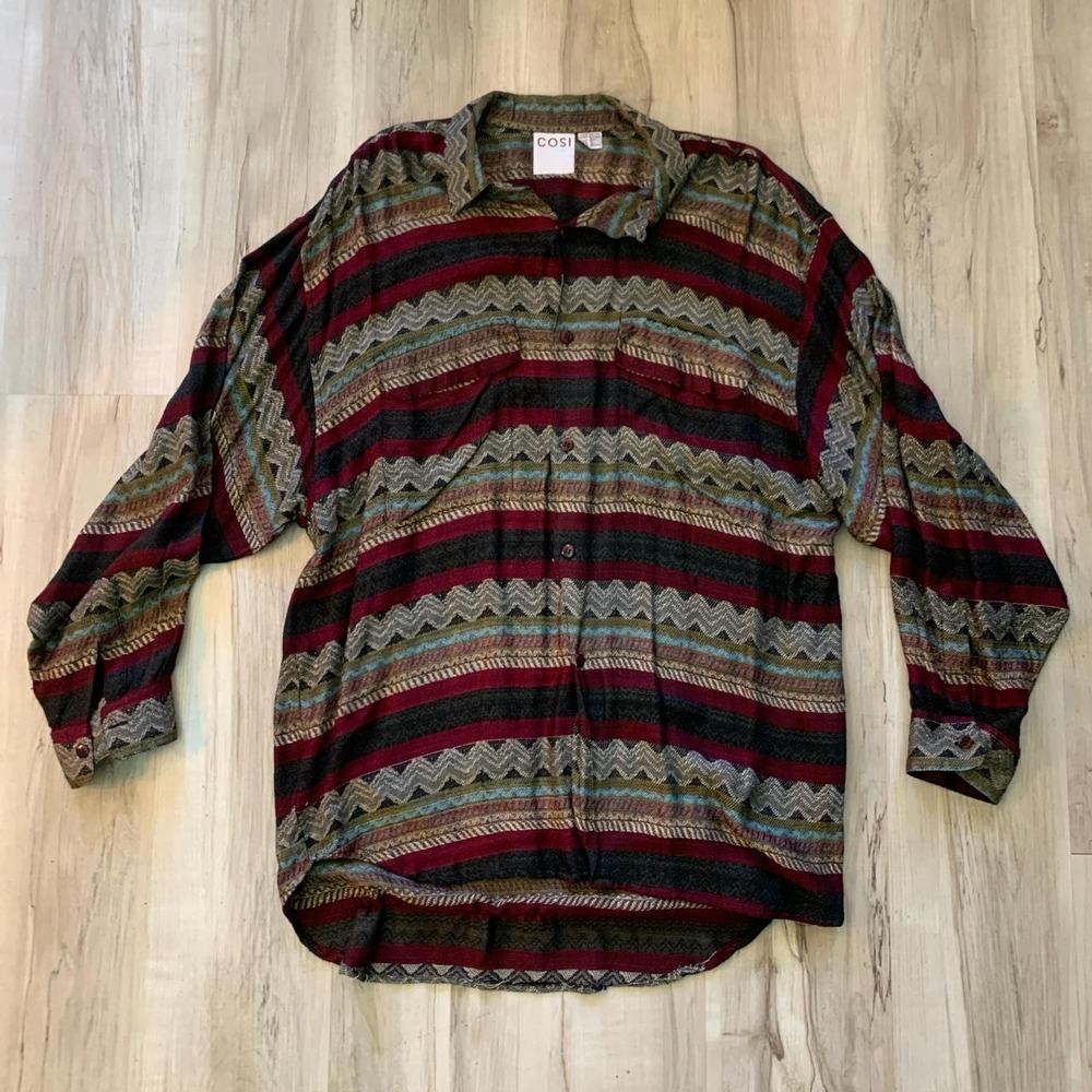Vintage Cosi 90s Multi Color Striped Button Up Shirt Large Mens Rayon Loose Fit